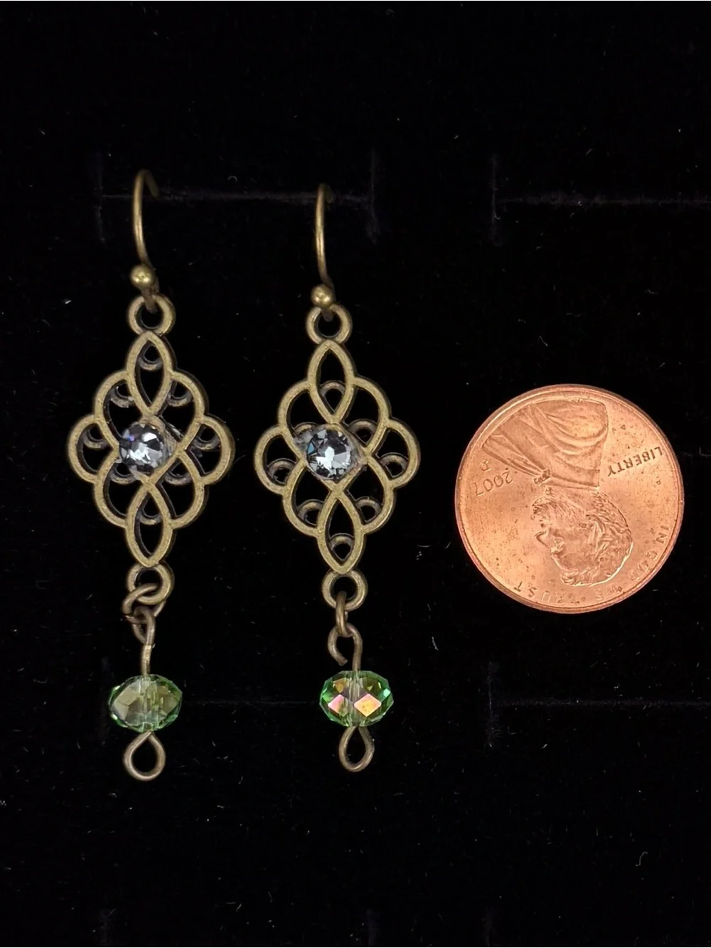 Bohemian chic, aged bronze tone, green bead, lightweight pierced earrings
